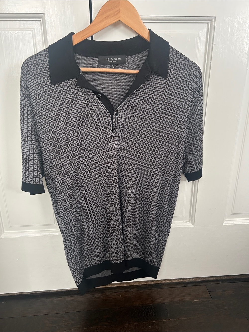 rag & bone Black and Gray Geometric Short-Sleeve Polo